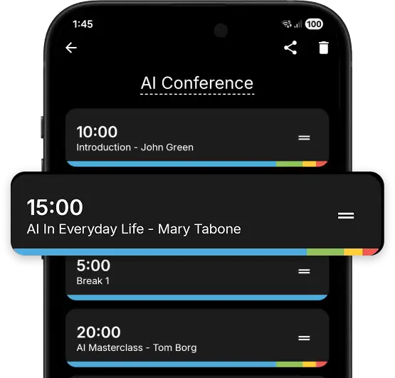 A phone showing a multi-session agenda for an AI Conference, with a session being dragged to reorder it