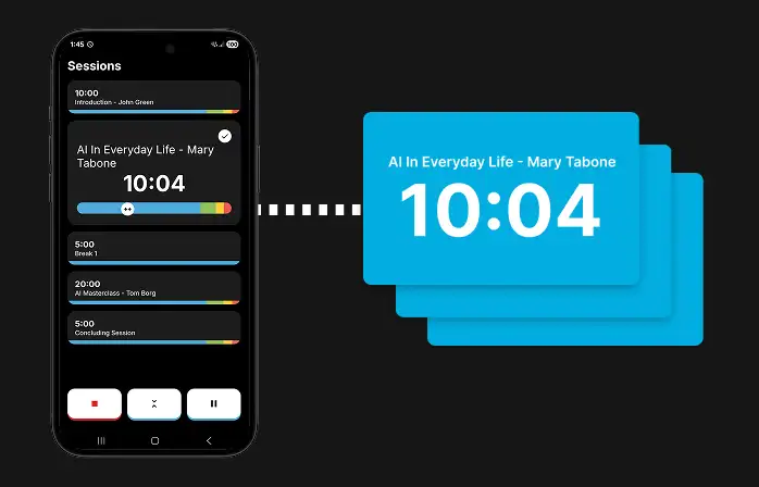 Presentation Timer's countdown displayed simultaneously across multiple connected screens