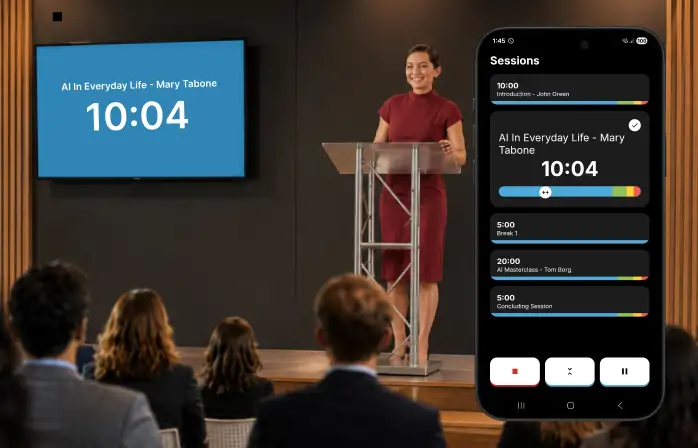 Presentation Timer running as a remote control on a phone, with the countdown displayed on a separate screen