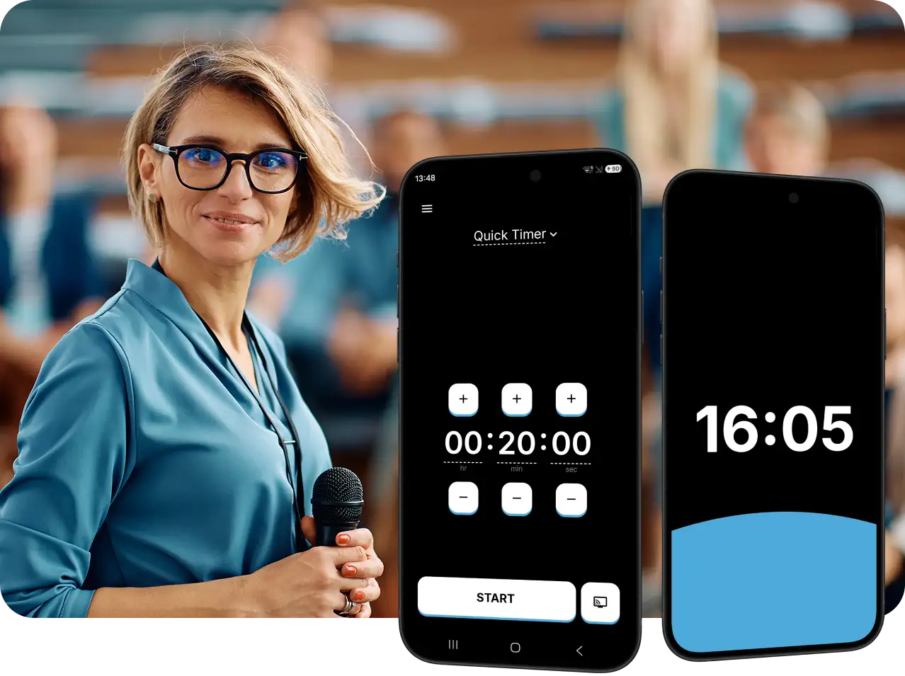 A speaker holding a microphone in front of an audience, next to phones showing the Quick Timer setup screen and a running 16:05 countdown